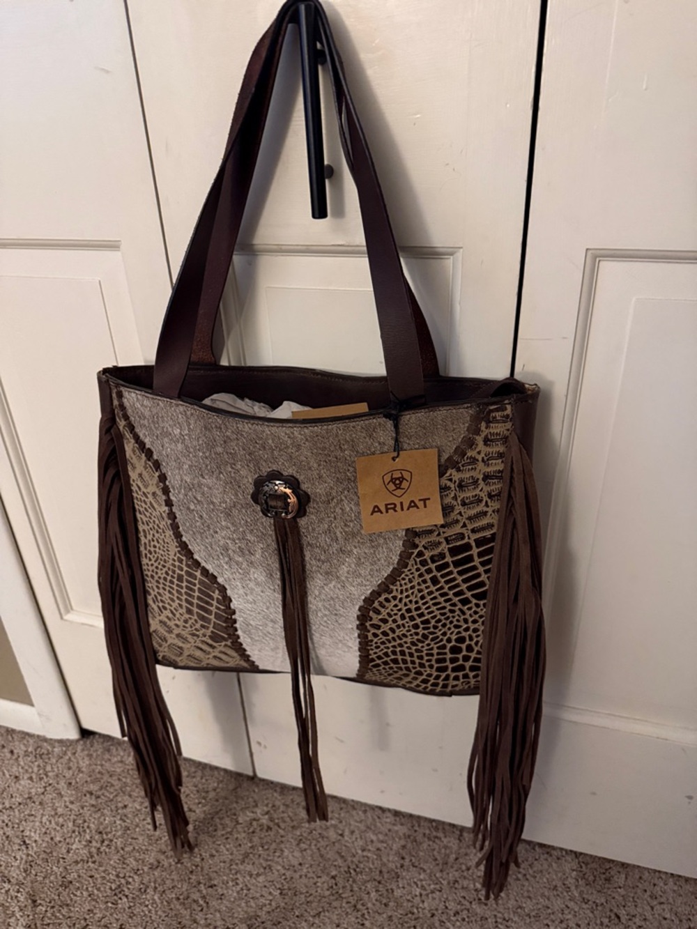 Ariat Brown Fringe Western Tote with Cowhide Accent